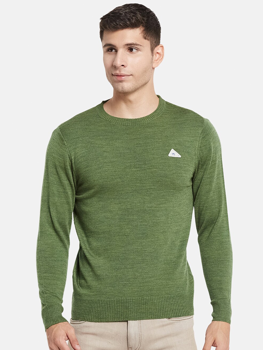 

Monte Carlo Men Olive Green Solid Round Neck Pullover