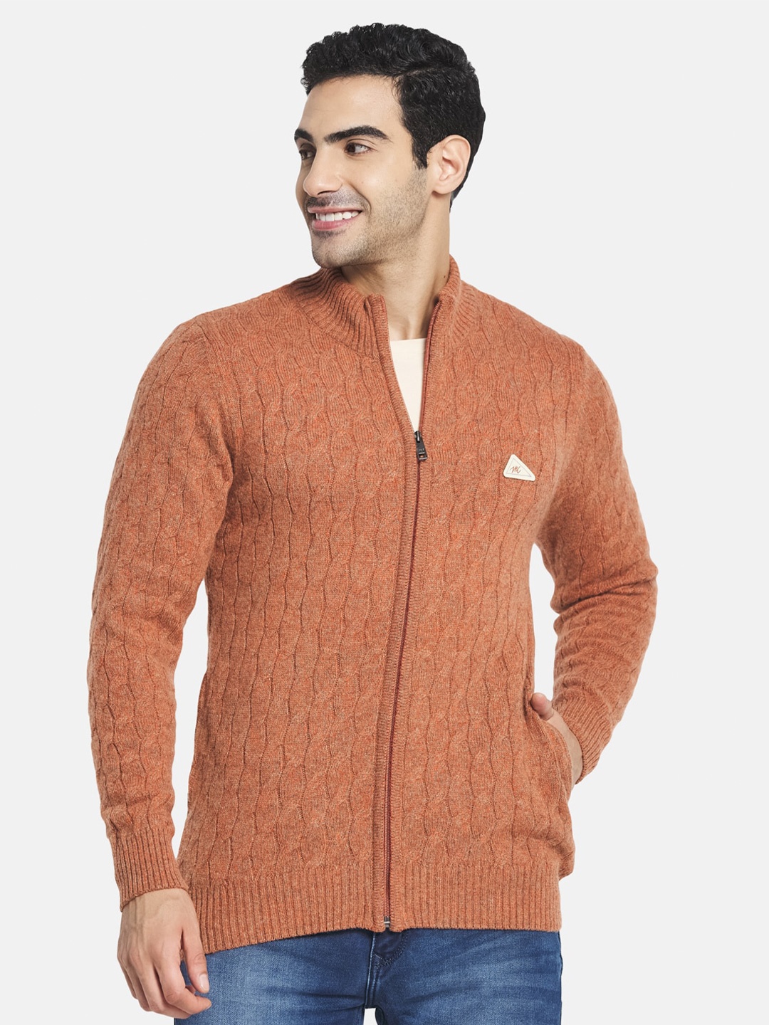 

Monte Carlo Men Orange Self Design Long Sleeves Front Zip Woolen Cardigan