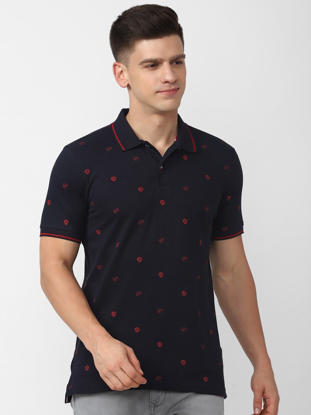 

Van Heusen Sport Men Navy Blue Printed Pure Cotton Polo Collar T-shirt