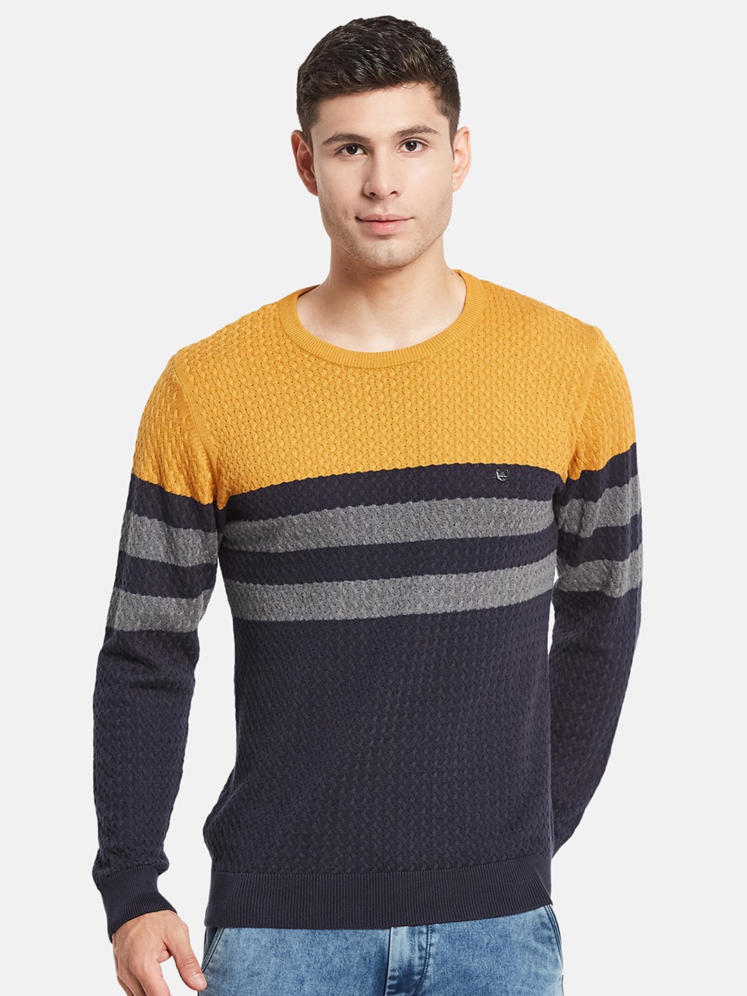 

Monte Carlo Men Navy Blue & Mustard Designer Round Neck Striped Pullover Sweater