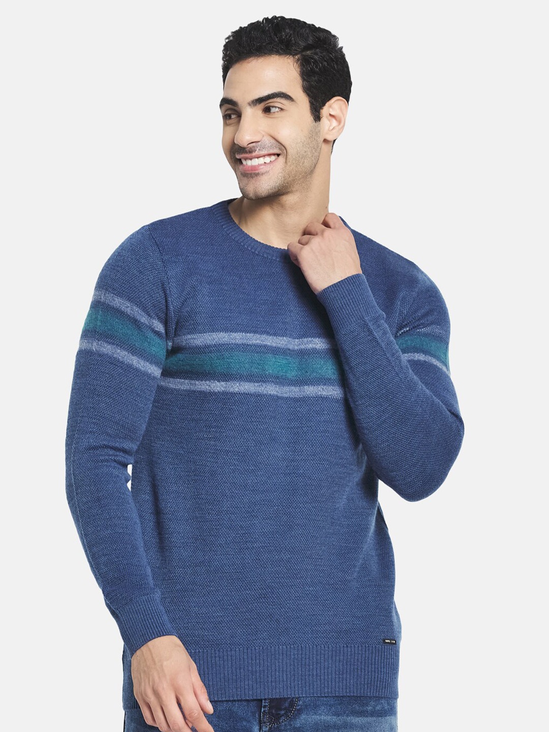 

Monte Carlo Men Blue Striped Round Neck Pullover