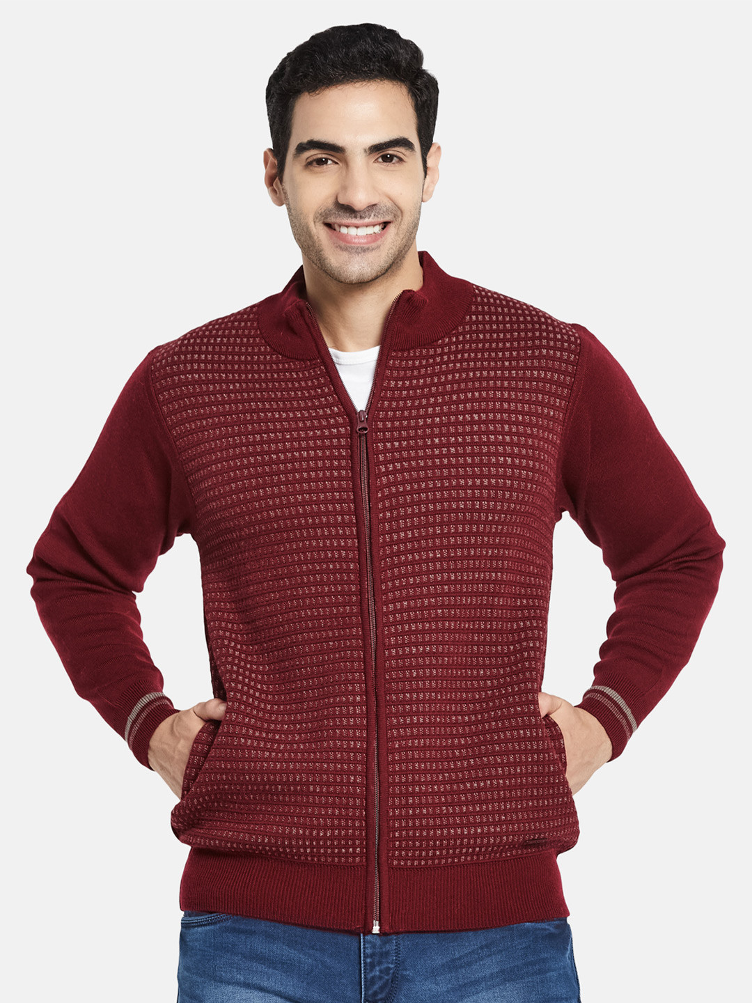 

Monte Carlo Men Maroon Self Design Long Sleeves Front Zip Woolen Cardigan