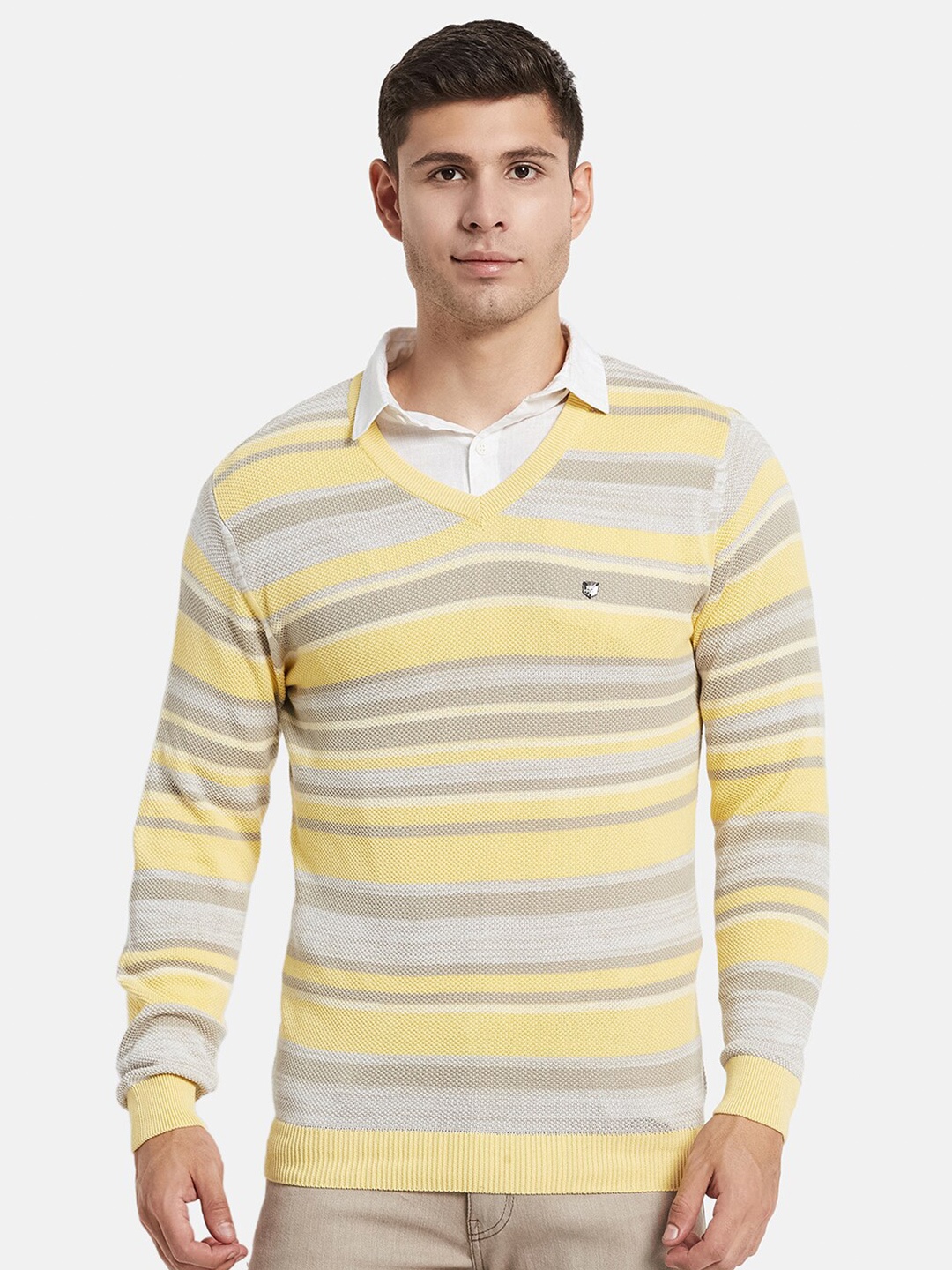 

Monte Carlo Men Yellow & Beige Striped Pullover