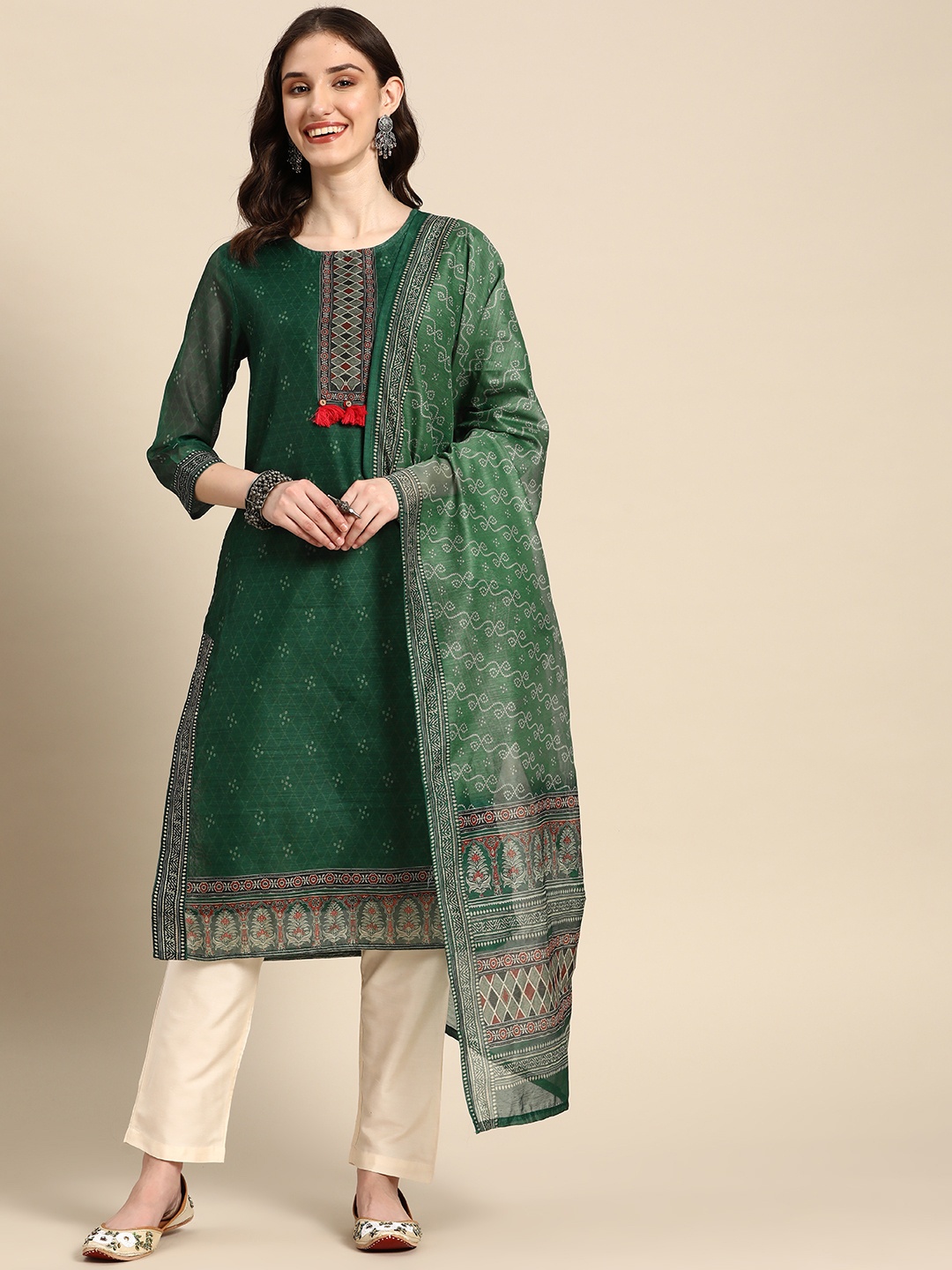 

Sangria Women Green Printed Kurta with Trousers & With Dupatta