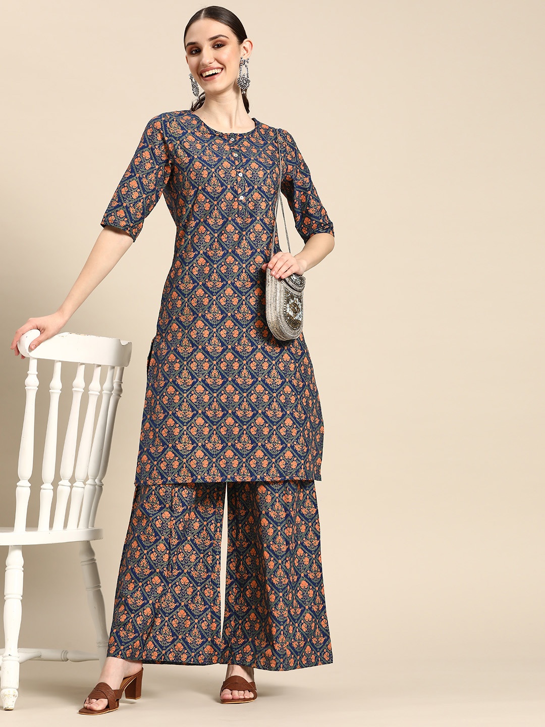 

Sangria Women Ethnic Motifs Printed Pure Cotton Kurta with Palazzos, Blue