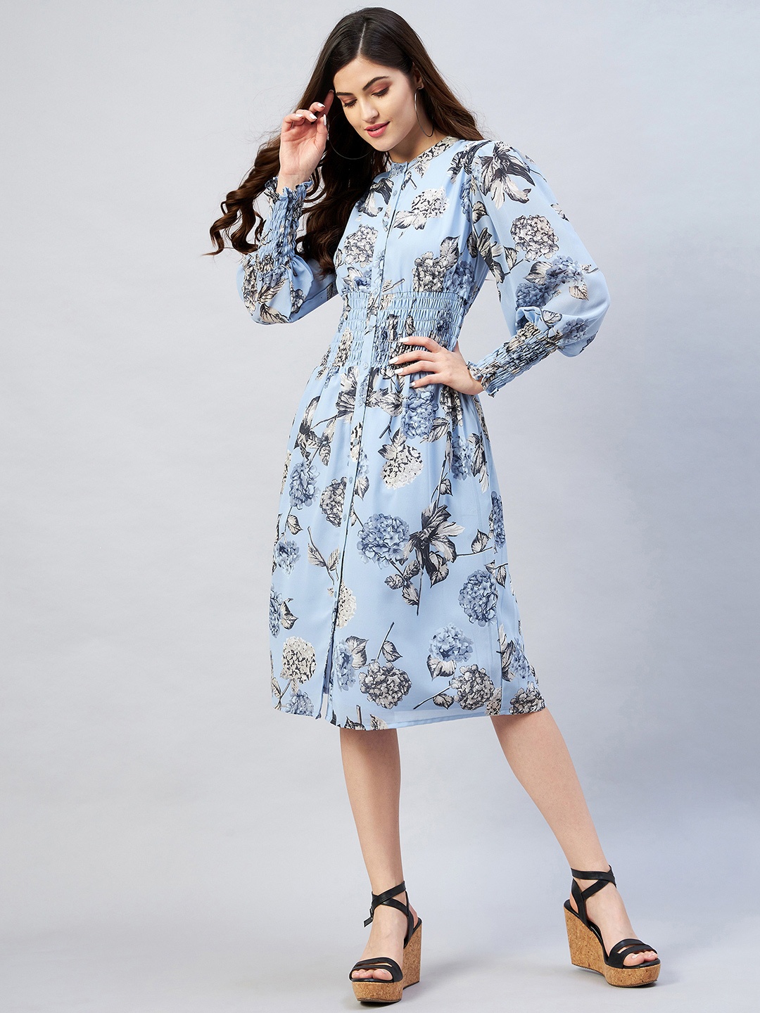 

Carlton London Blue Floral Georgette A-Line Midi Dress