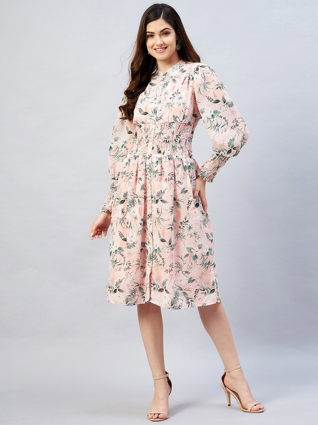 

Carlton London Women Pink & Green Floral Printed Georgette Midi Dress