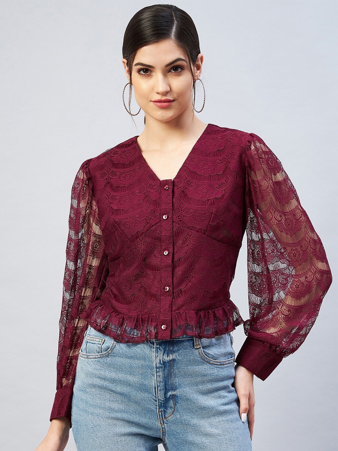 

Carlton London Maroon Ruffles Lace Top