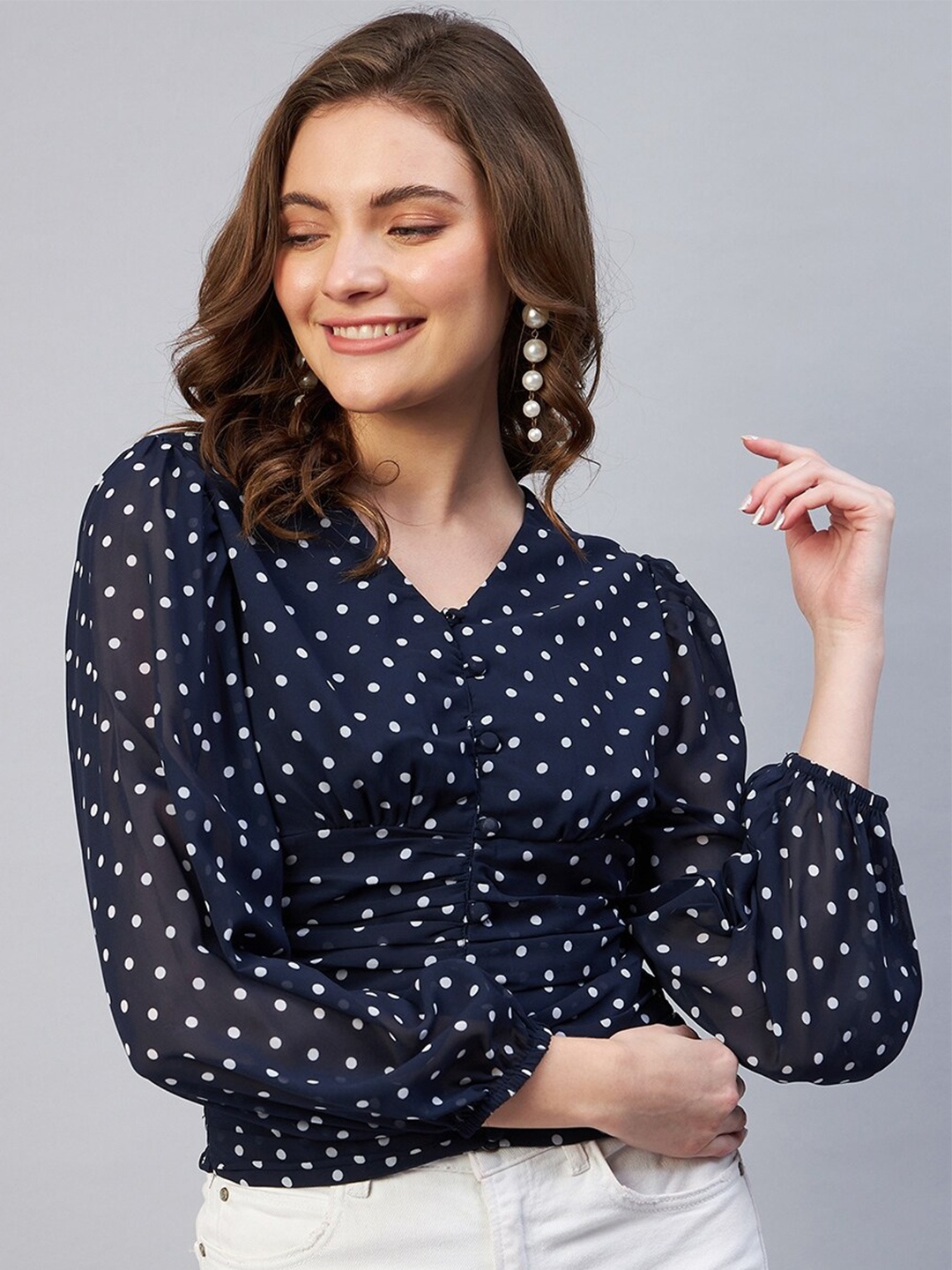 

Carlton London Navy Blue Print Georgette Blouson Crop Top
