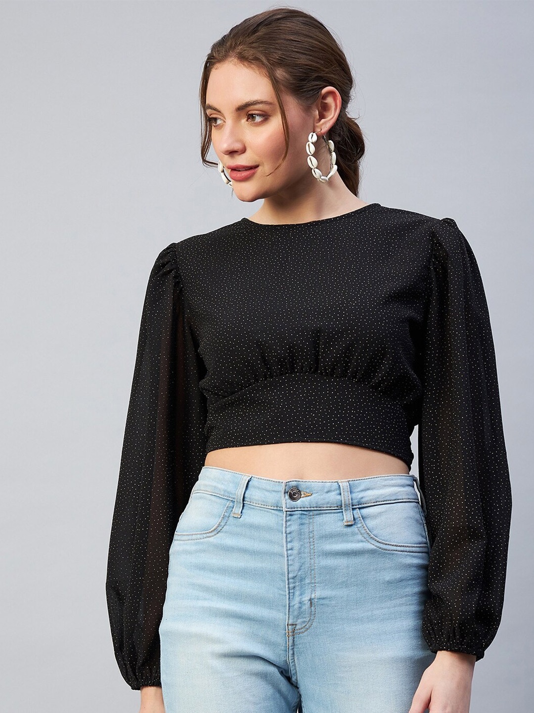 

Carlton London Black Print Georgette Blouson Crop Top