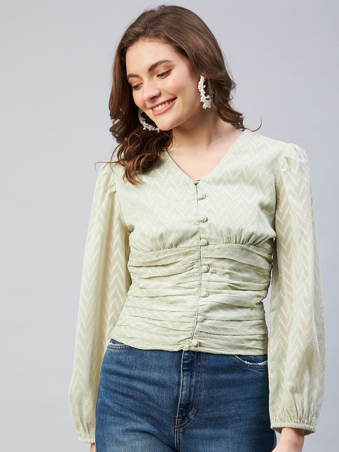 

Marie Claire Women Lime Green Georgette Cinched Waist Top