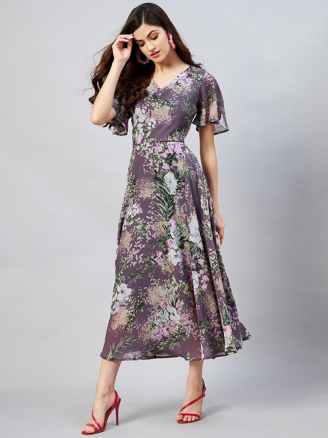 

RARE Women Mauve & Green Floral Printed Georgette Midi Dress