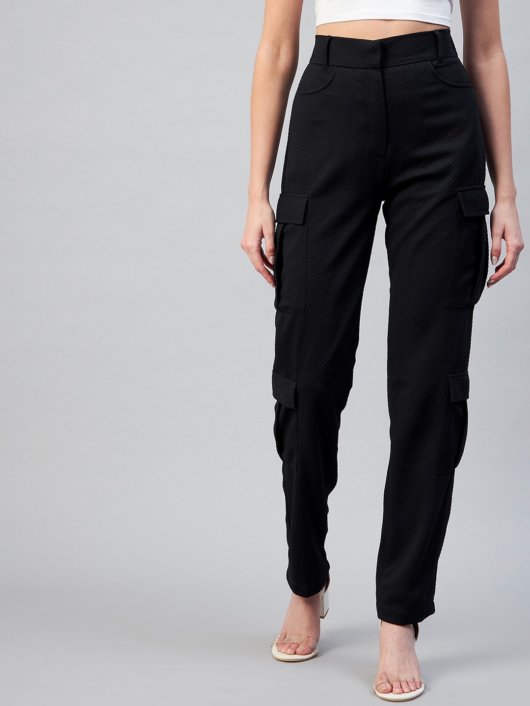 

RARE Women Black High-Rise Cargos Trousers