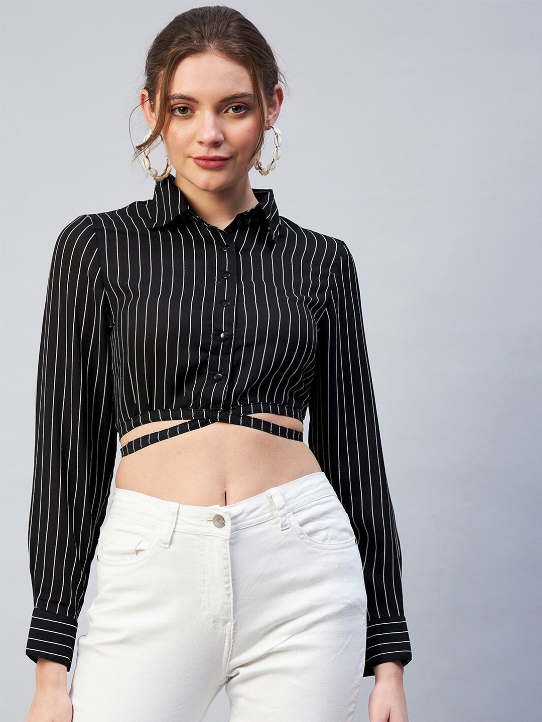 

RARE Black Striped Georgette Shirt Style Crop Top