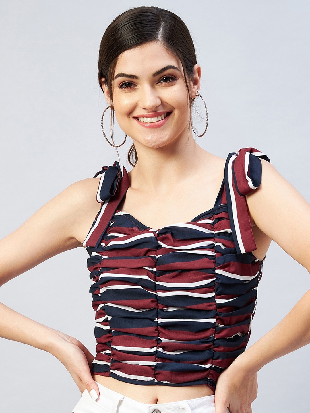 

RARE Maroon Striped Sweetheart Neck Georgette Top