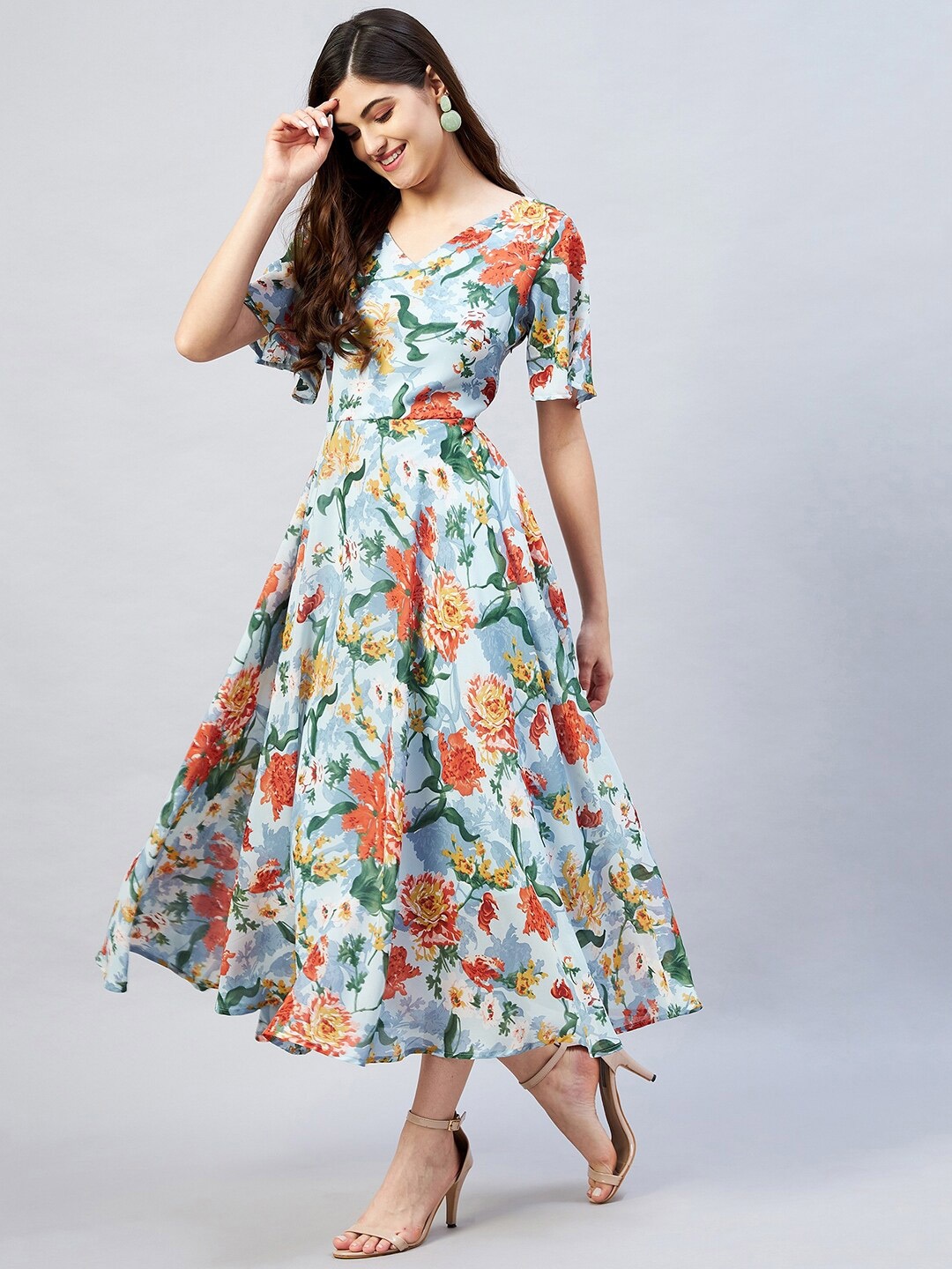 

RARE Women Blue & Green Floral Printed Georgette Midi Dress