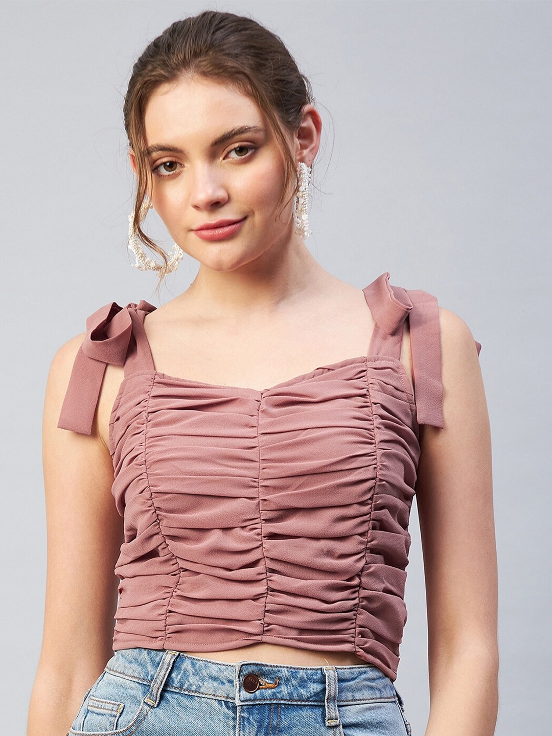 

RARE Pink Georgette Ruched Solid Crop Top