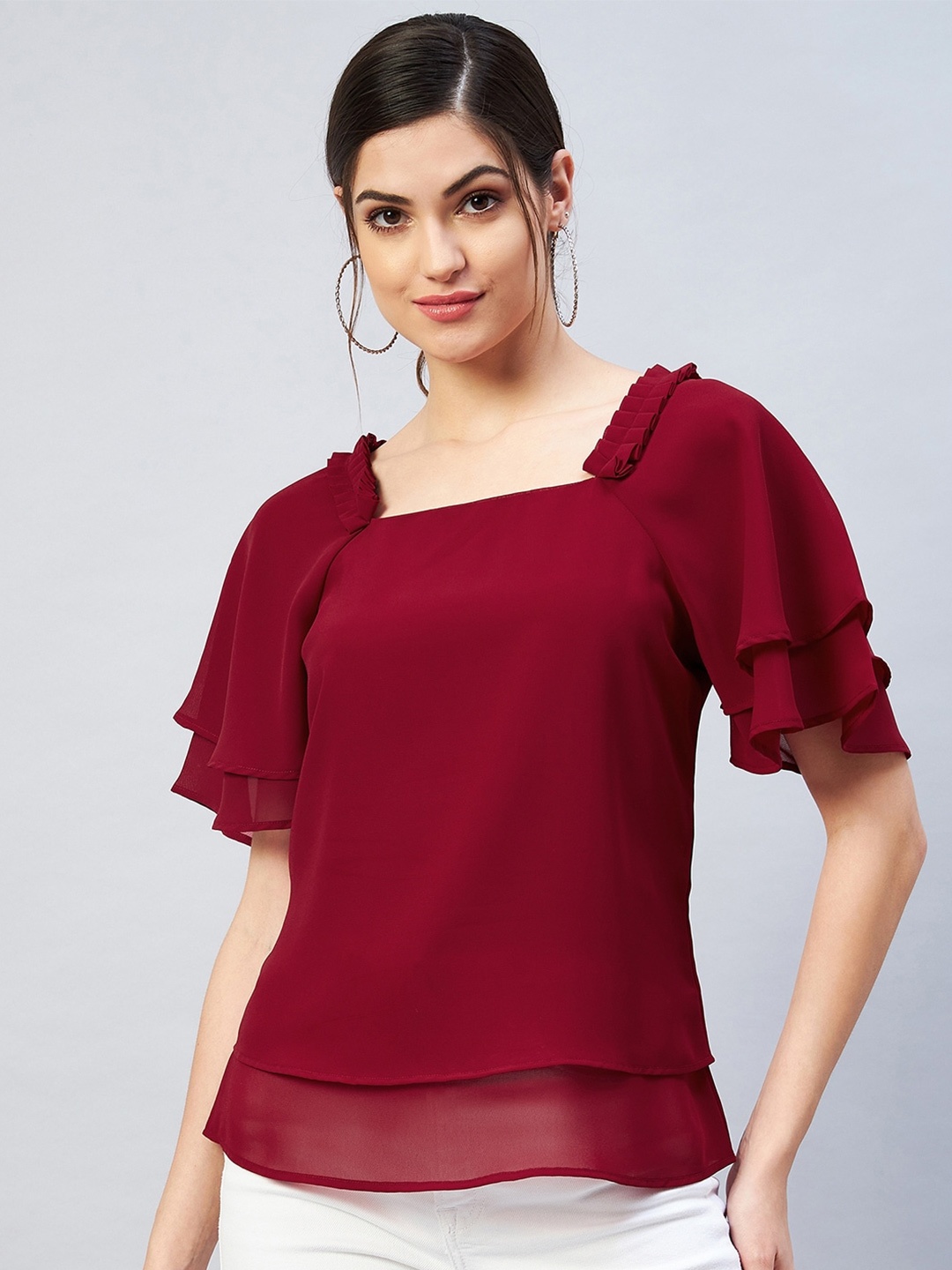 

RARE Women Maroon Solid Layered Georgette Top