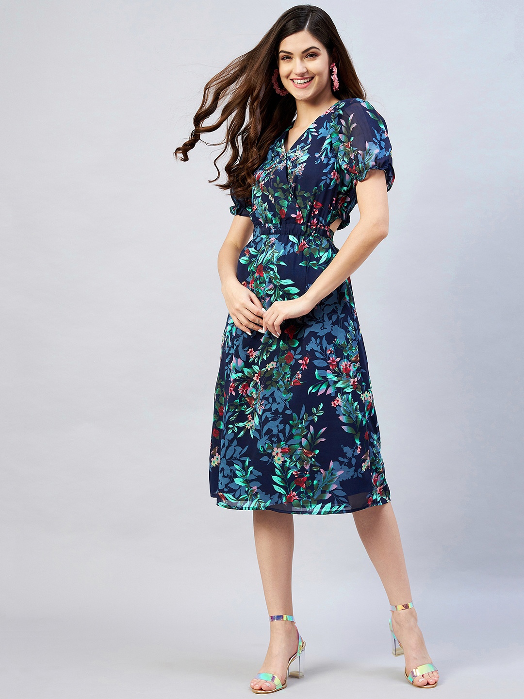 

RARE Navy Blue Floral Georgette A-Line Dress