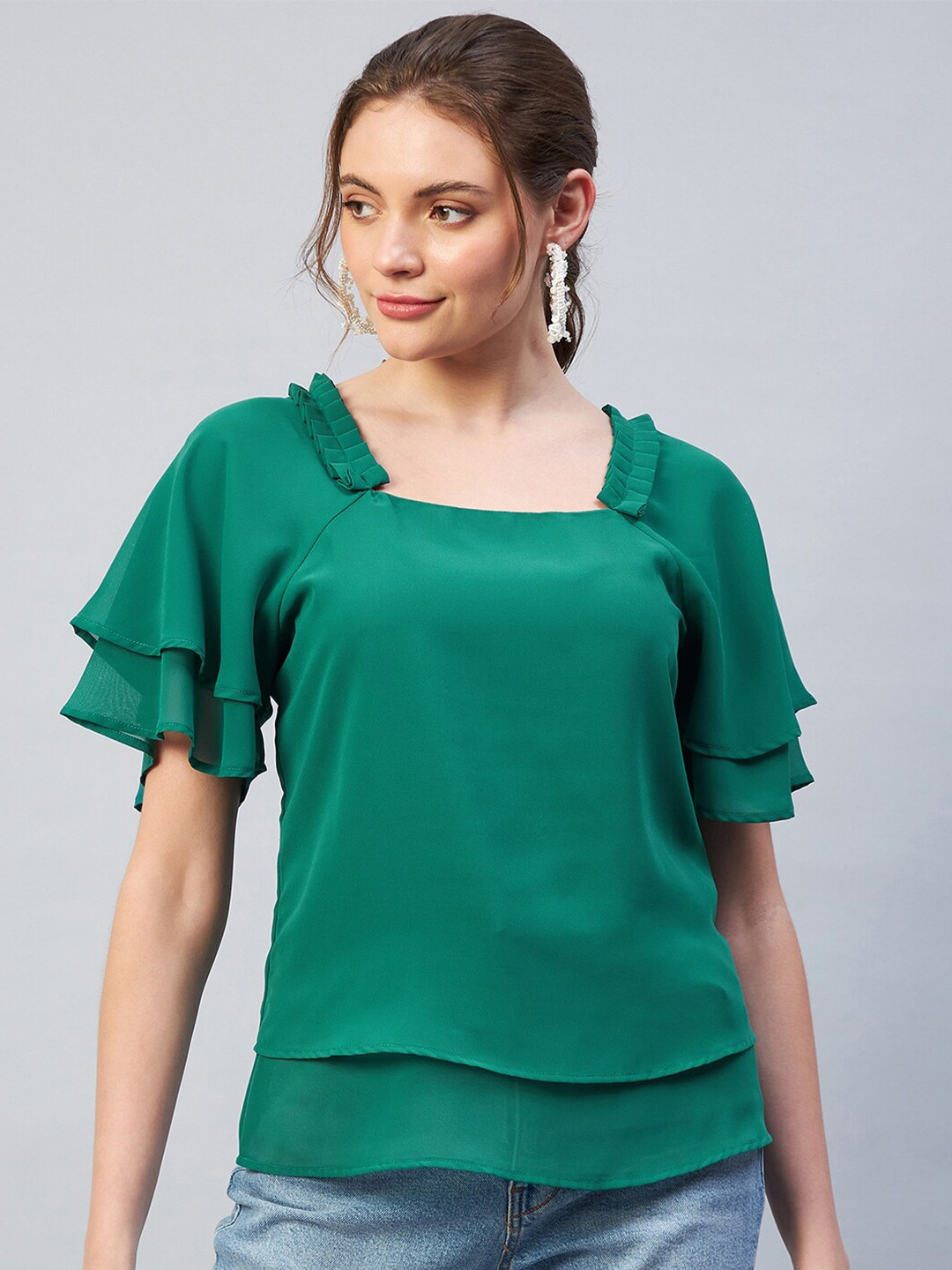 

RARE Green Solid Georgette Tiered Top