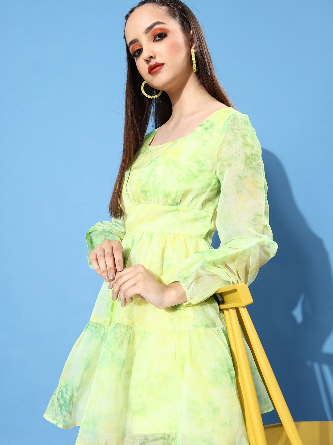 

KASSUALLY Women Green Tie and Dye Babydoll Dress