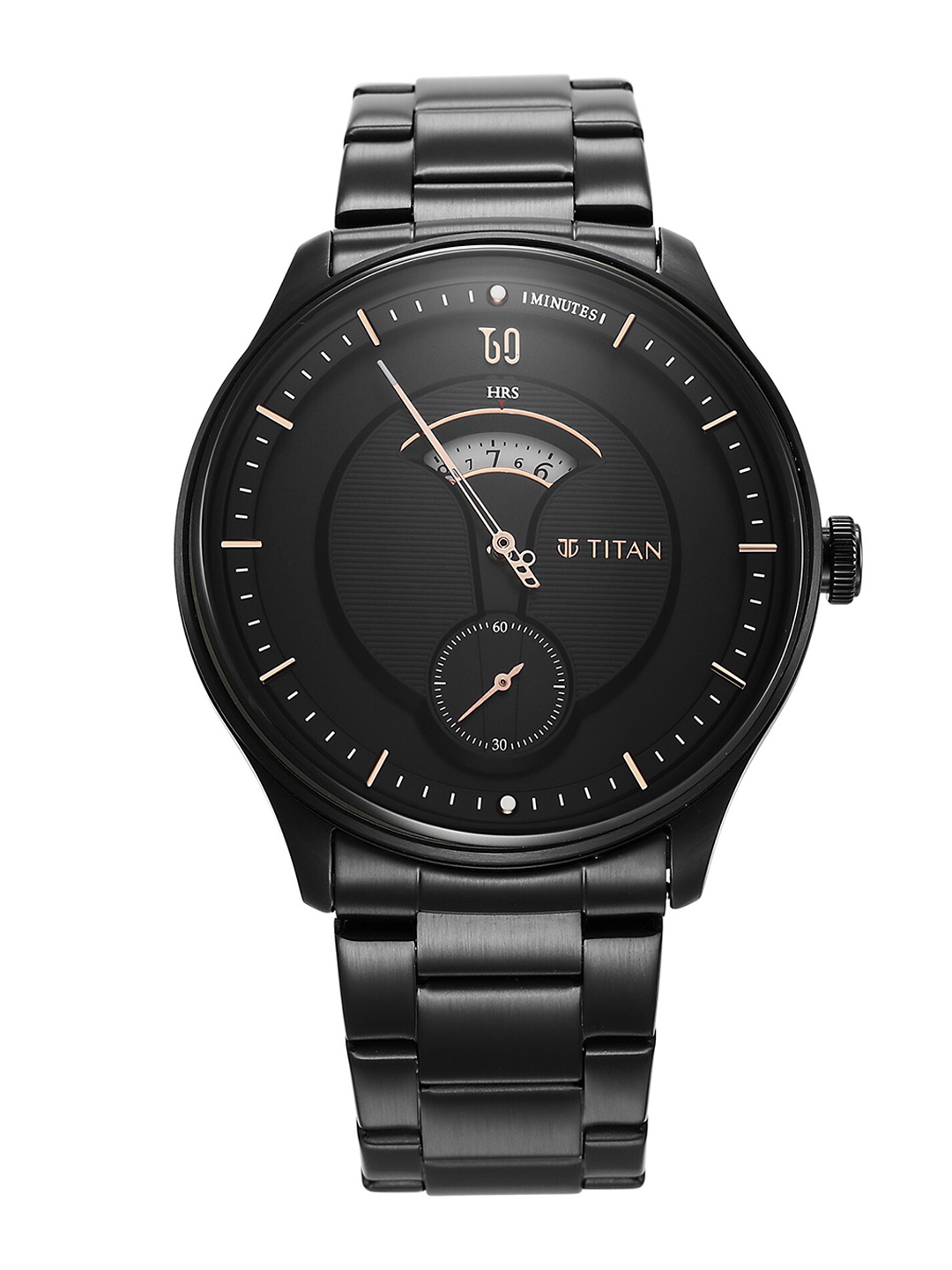 

Titan Men Black Embellished Dial & Black Stainless Steel Bracelet Style Straps Analogue Watch 1890NM01