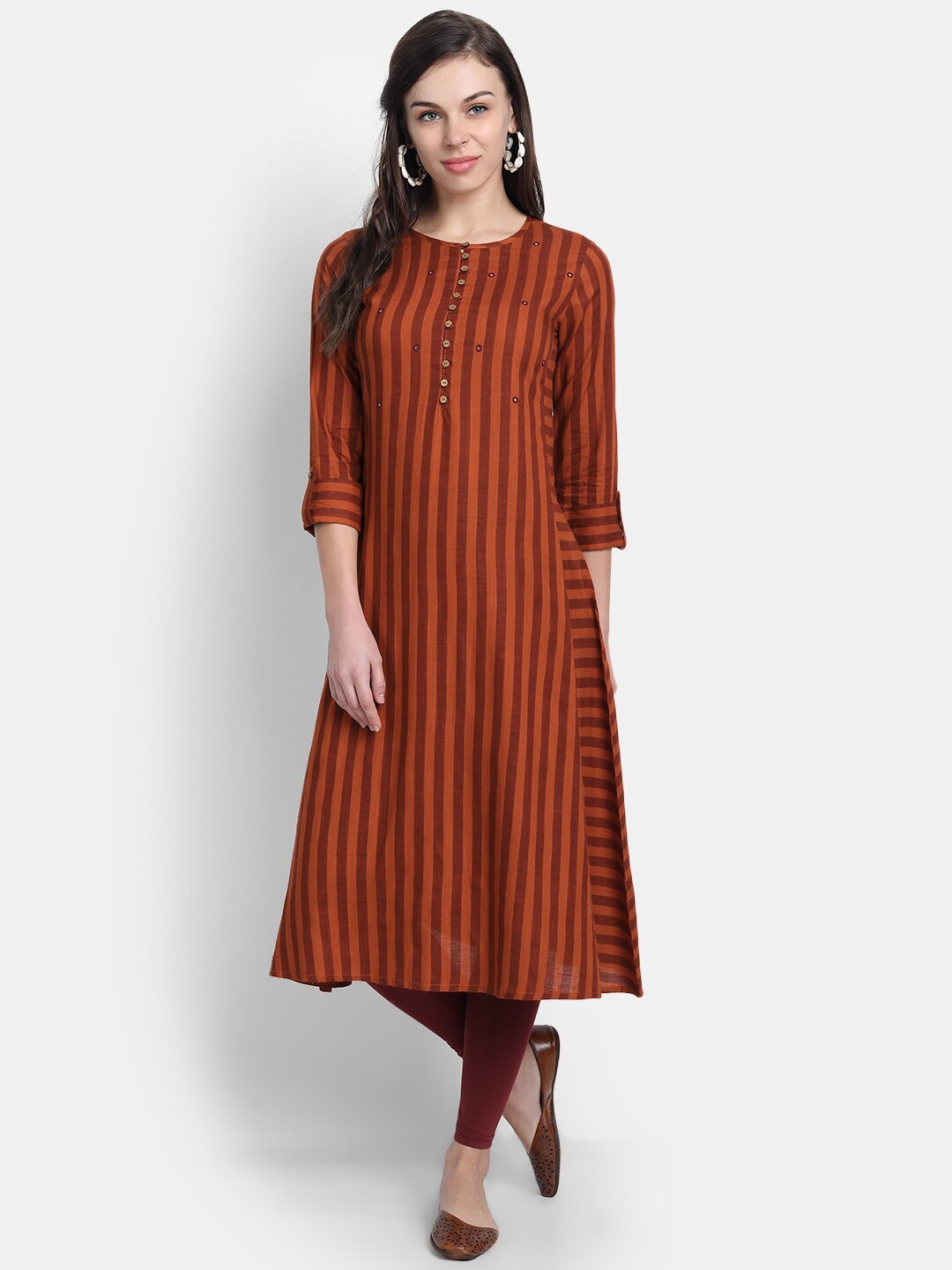 

fabGLOBAL Women Rust Striped Kurta