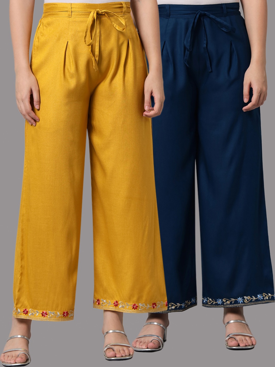 

Tulsattva Women Blue & Mustard Yellow Pack Of 2 Embroidered Flared Palazzos