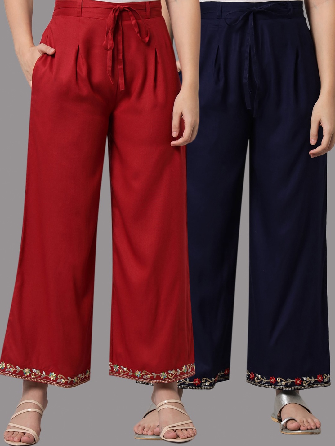 

Tulsattva Women Navy Blue & Red Pack Of 2 Embroidered Palazzos