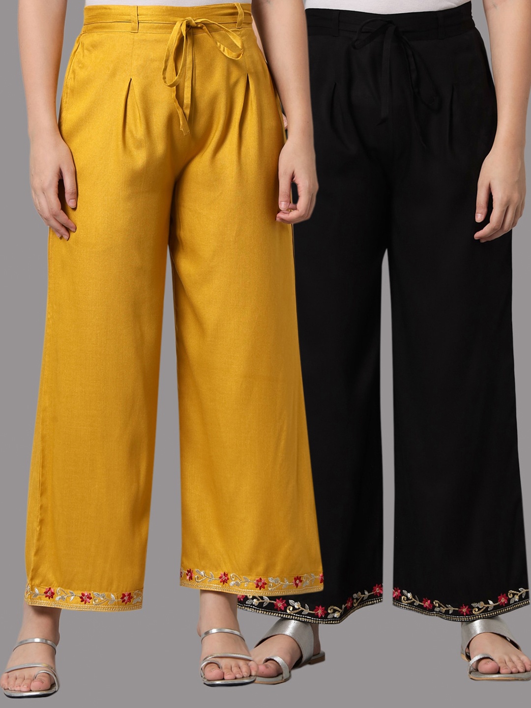 

Tulsattva Women Black & Mustard Yellow Pack Of 2 Embroidered Palazzos