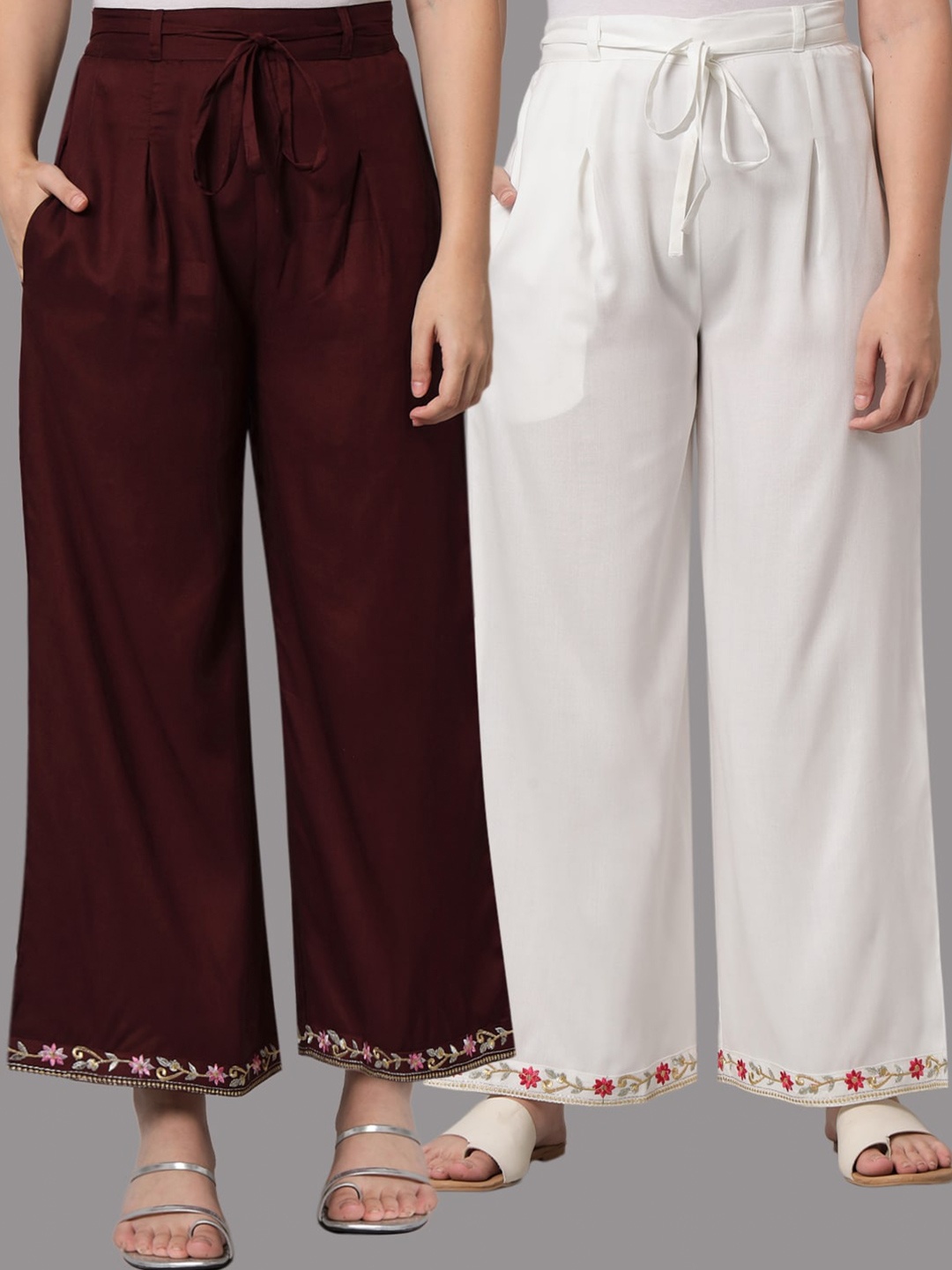 

Tulsattva Women Pack Of 2 White & Maroon Embroidered Flared Ethnic Palazzos