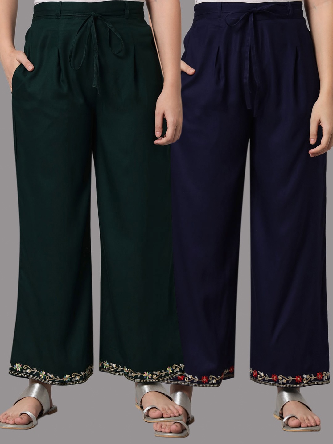 

Tulsattva Women Pack Of 2 Navy Blue & Green Embroidered Palazzos