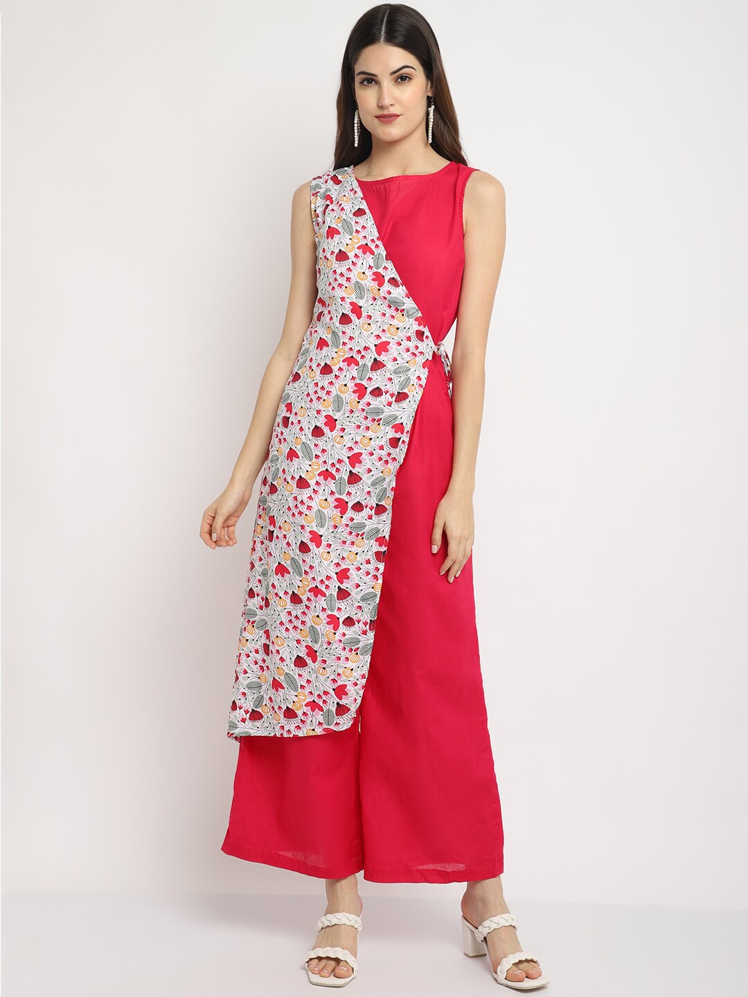 

WOOFFLY Magenta & White Printed Basic Jumpsuit