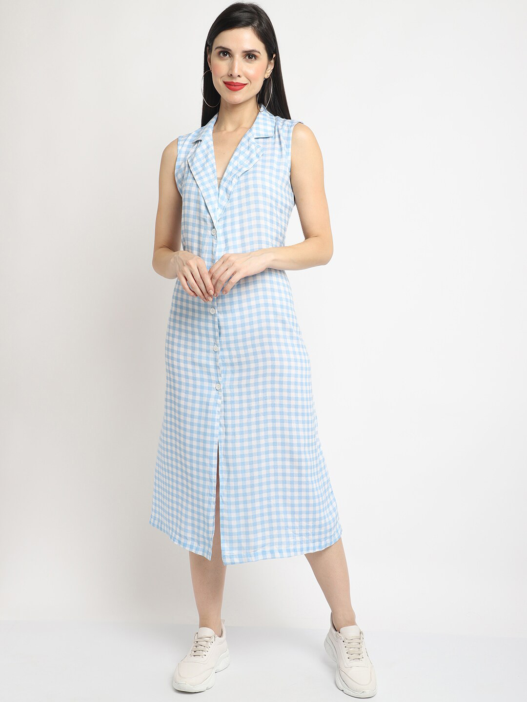 

WOOFFLY Blue Checked Shirt Midi Dress