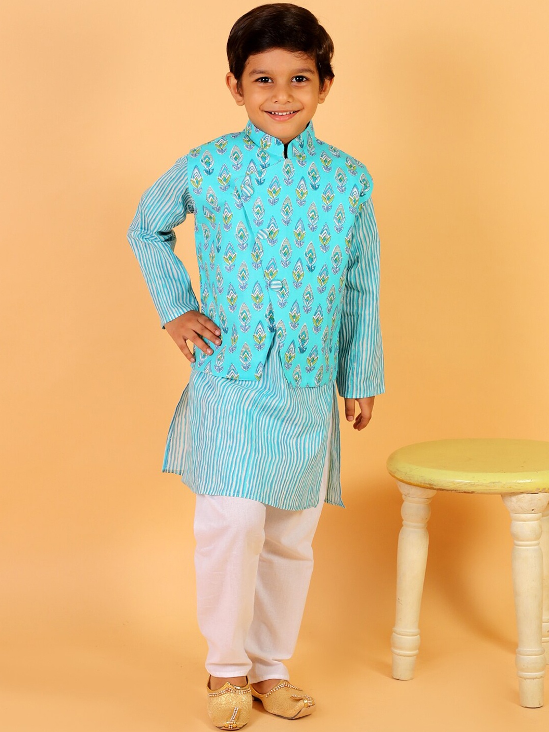 

The Mom Store Boys Turquoise Blue Striped Pure Cotton Kurta Pyjama With Jacket