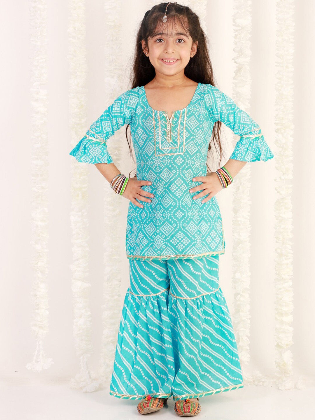 

The Mom Store Girls Blue Printed Pure Cotton Kurta with Sharara