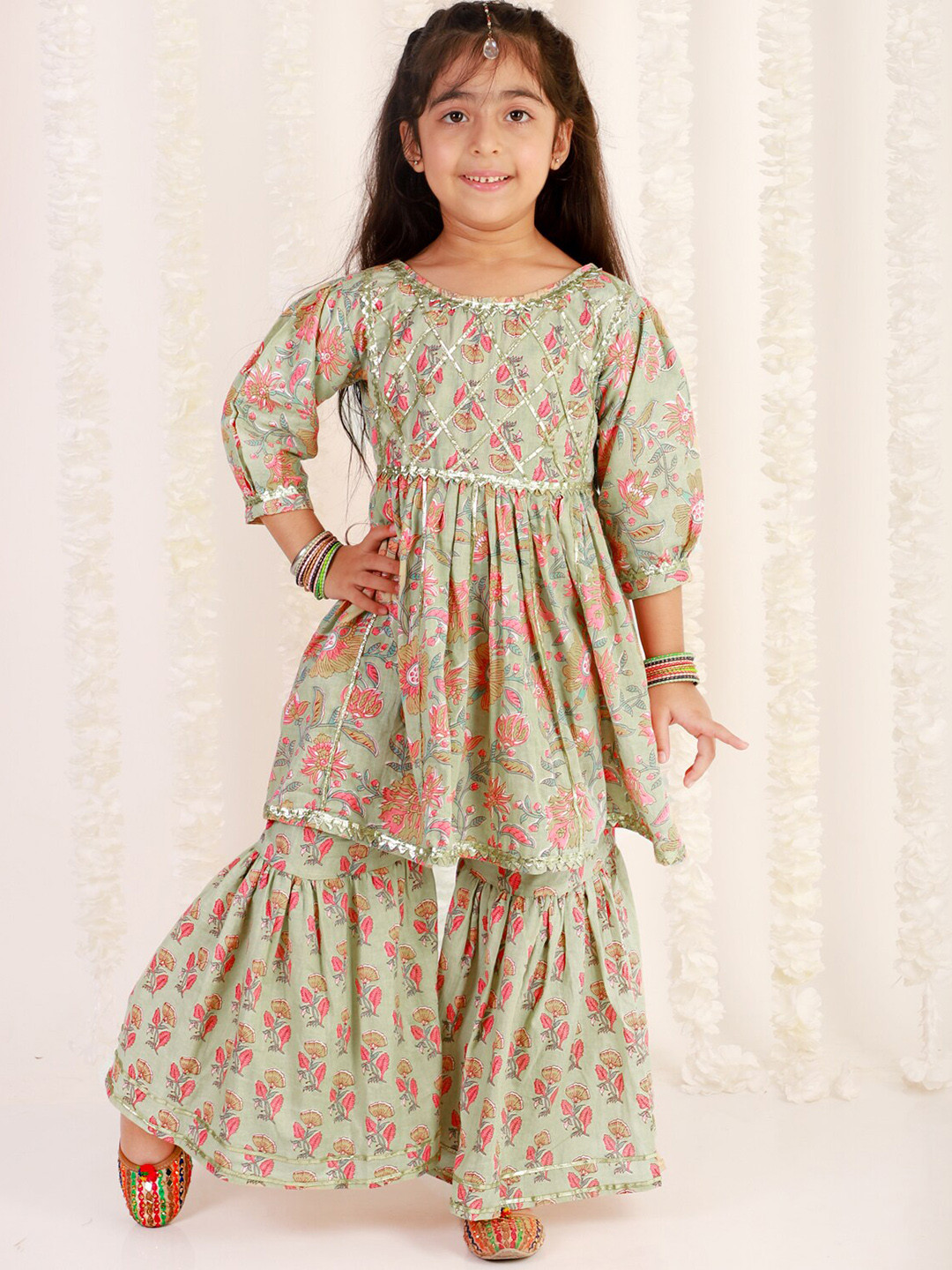 

The Mom Store Girls Green Floral Printed Gotta Patti Pure Cotton Kurta with Sharara