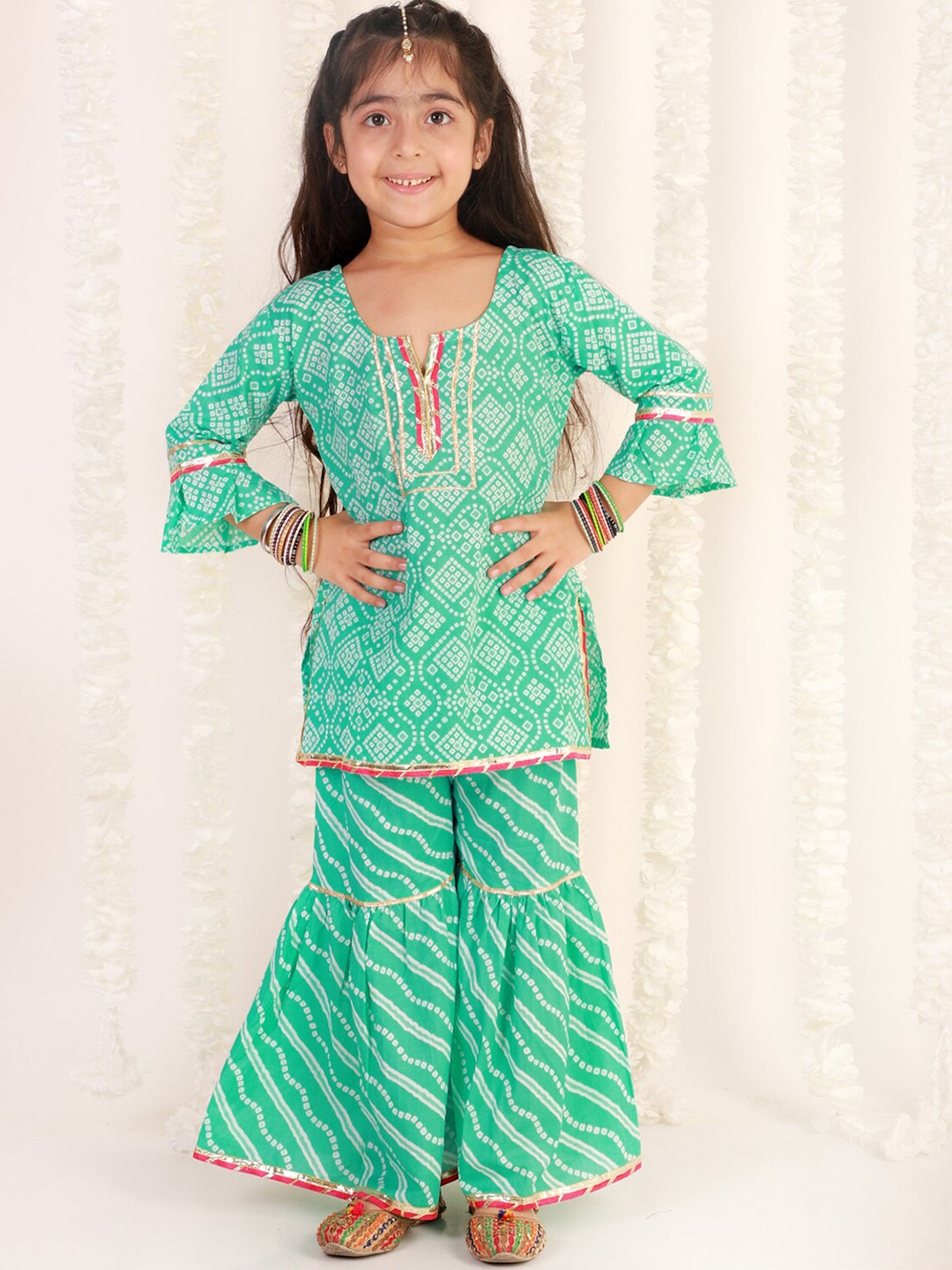

The Mom Store Girls Teal Printed Gotta Patti Pure Cotton Kurta with Sharara
