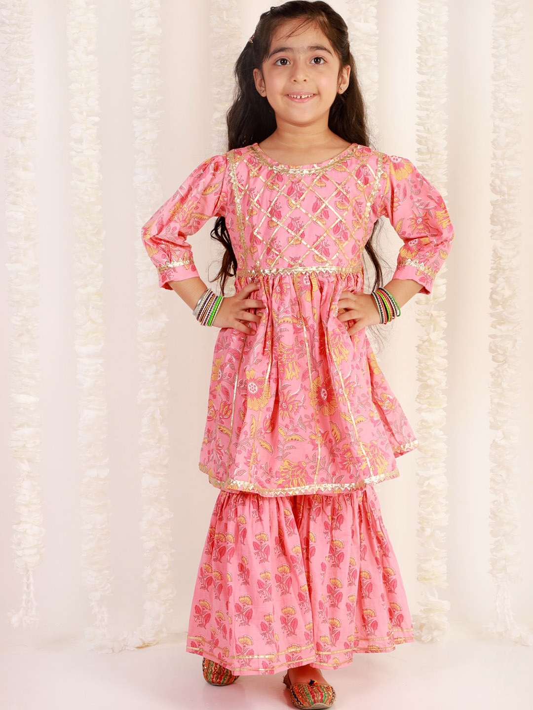 

The Mom Store Girls Pink Floral Printed Gotta Patti Pure Cotton Kurta with Sharara