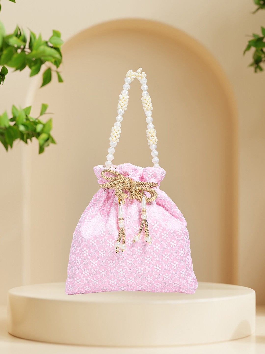

Golden Peacock Women Pink & White Embroidered Fabric Potli Clutch