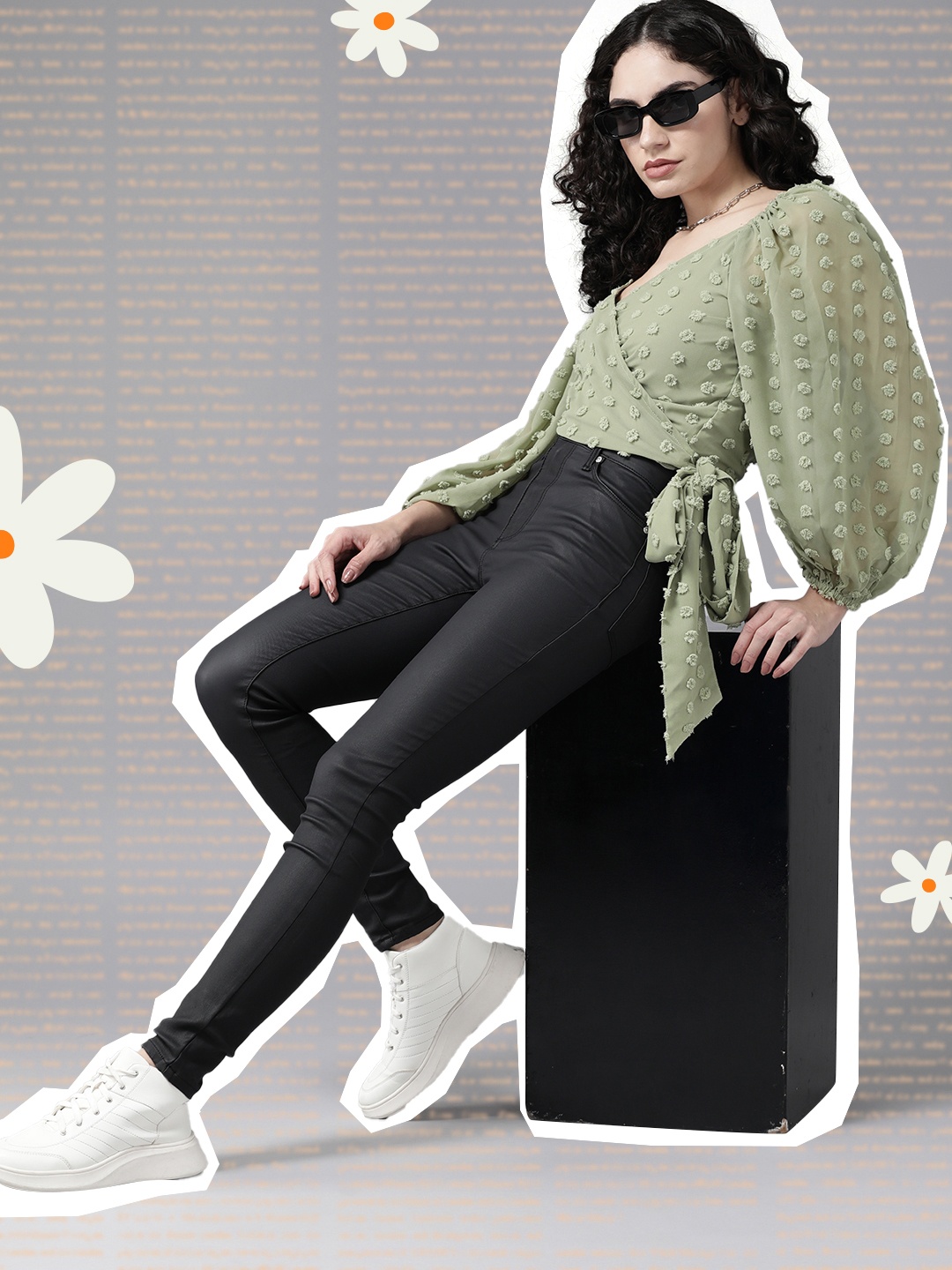 

Roadster Green Self Design Wrap Crop Top