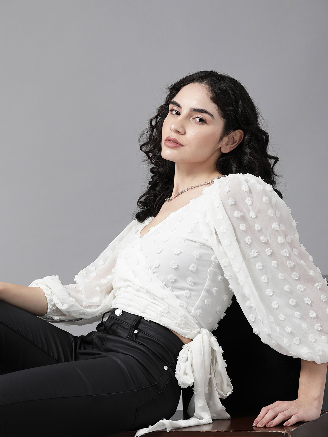 

Roadster White Self Design Wrap Crop Top