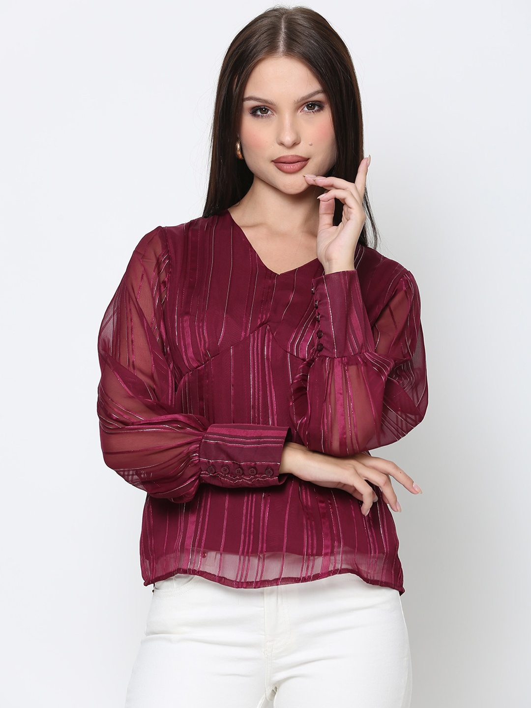 

DRIRO Maroon Textured Lurex Top