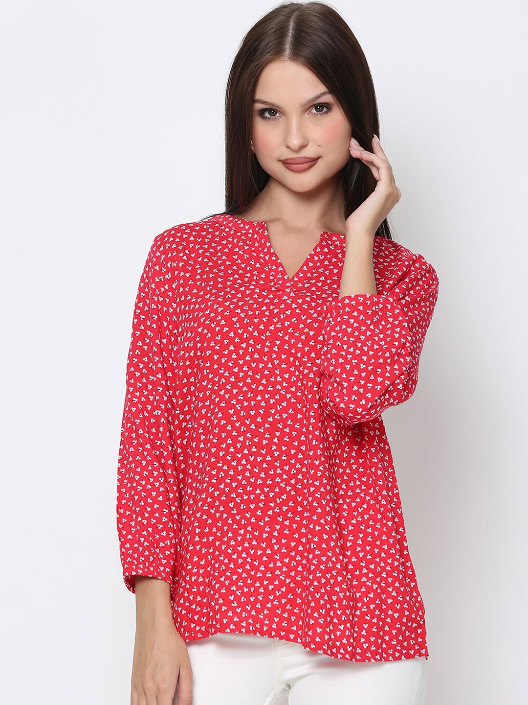 

DRIRO Women Red & White Ditsy Print Mandarin Collar Crepe Top