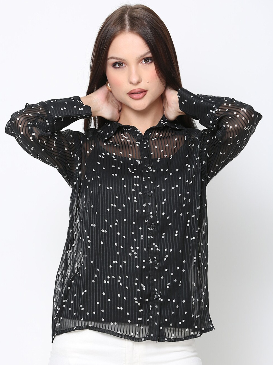 

DRIRO Printed Satin Shirt Style Top, Black