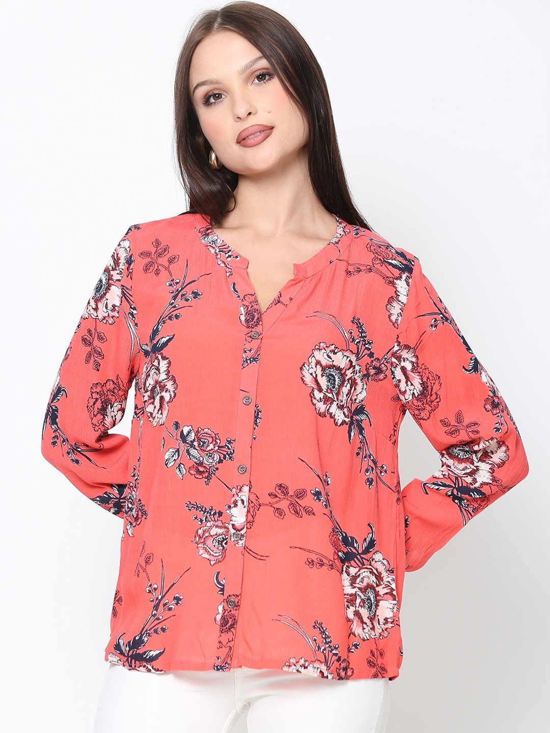 

DRIRO Women Red Floral Printed Mandarin Collar Crepe Top
