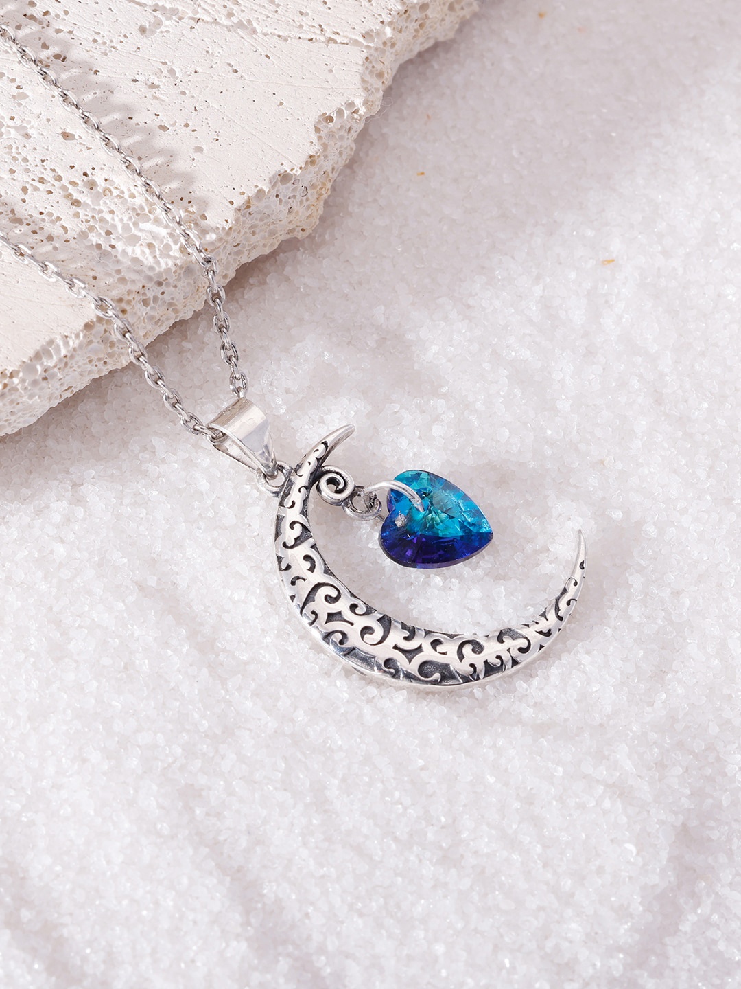 

GIVA 925 Sterling Rhodium-Plated Silver-Toned & Blue Stone-Studded Moon Heart Pendant With Link Chain