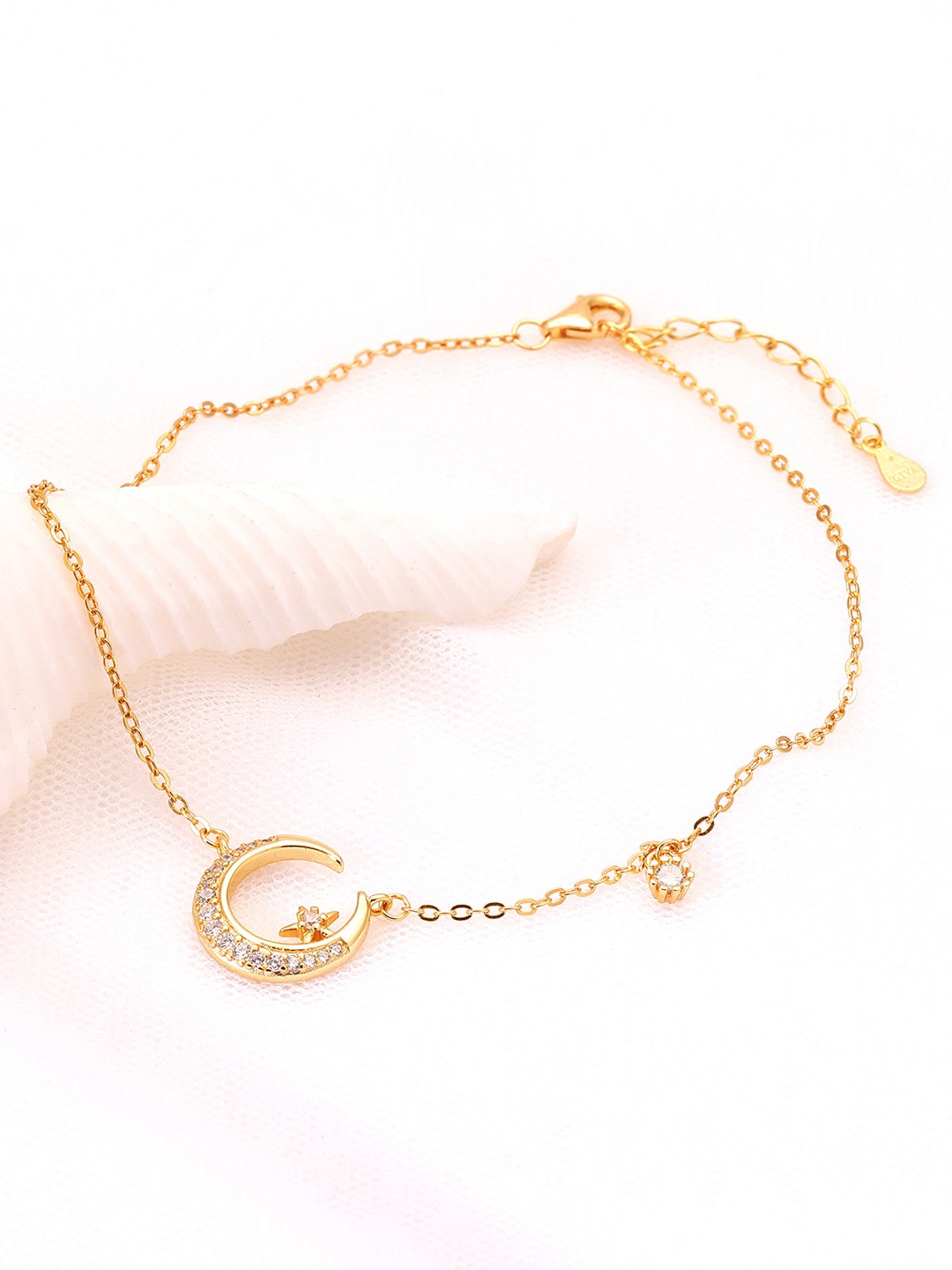 

GIVA 92.5 Sterling Silver Gold- Plated White CZ-Studded Moon and Star Anklet