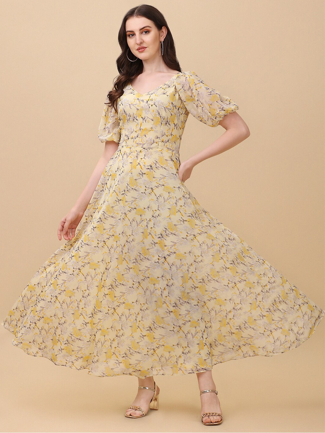 

Vidraa Western Store Yellow Floral Georgette Maxi Dress