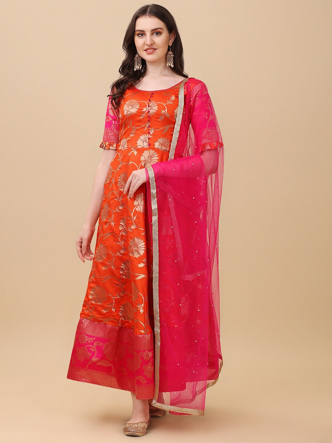 

Vidraa Western Store Orange Ethnic Motifs Jacquard Maxi Dress